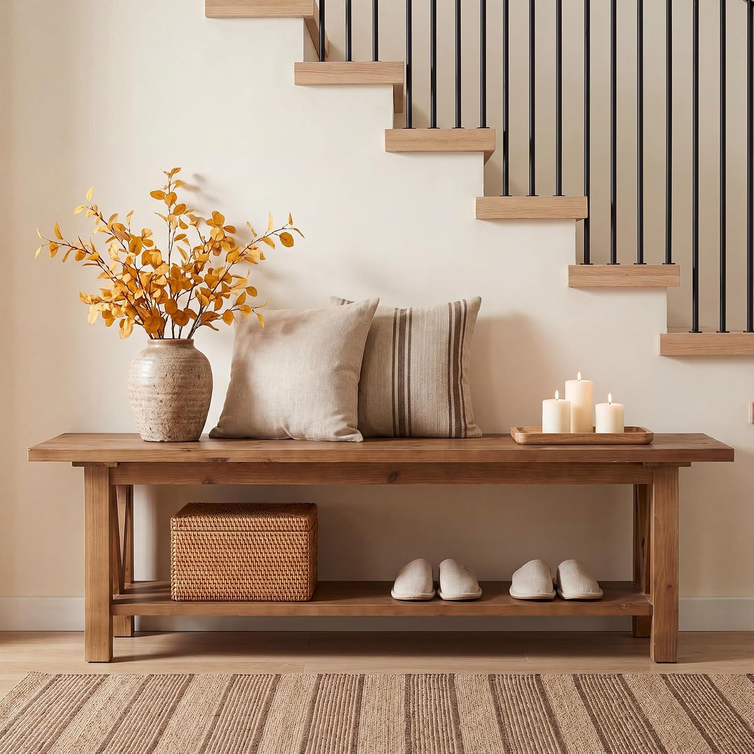 Solid Wood Farmhouse Shoe Bench