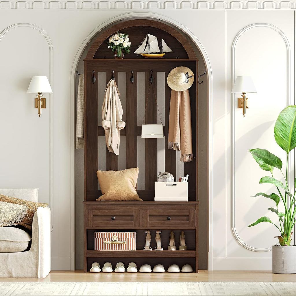 Arched Hall Tree Shoe Bench Walnut