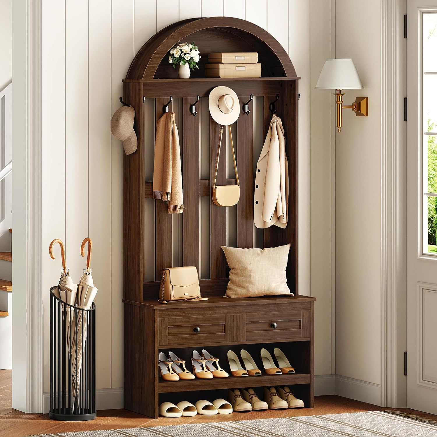 Arched Hall Tree Shoe Bench Walnut