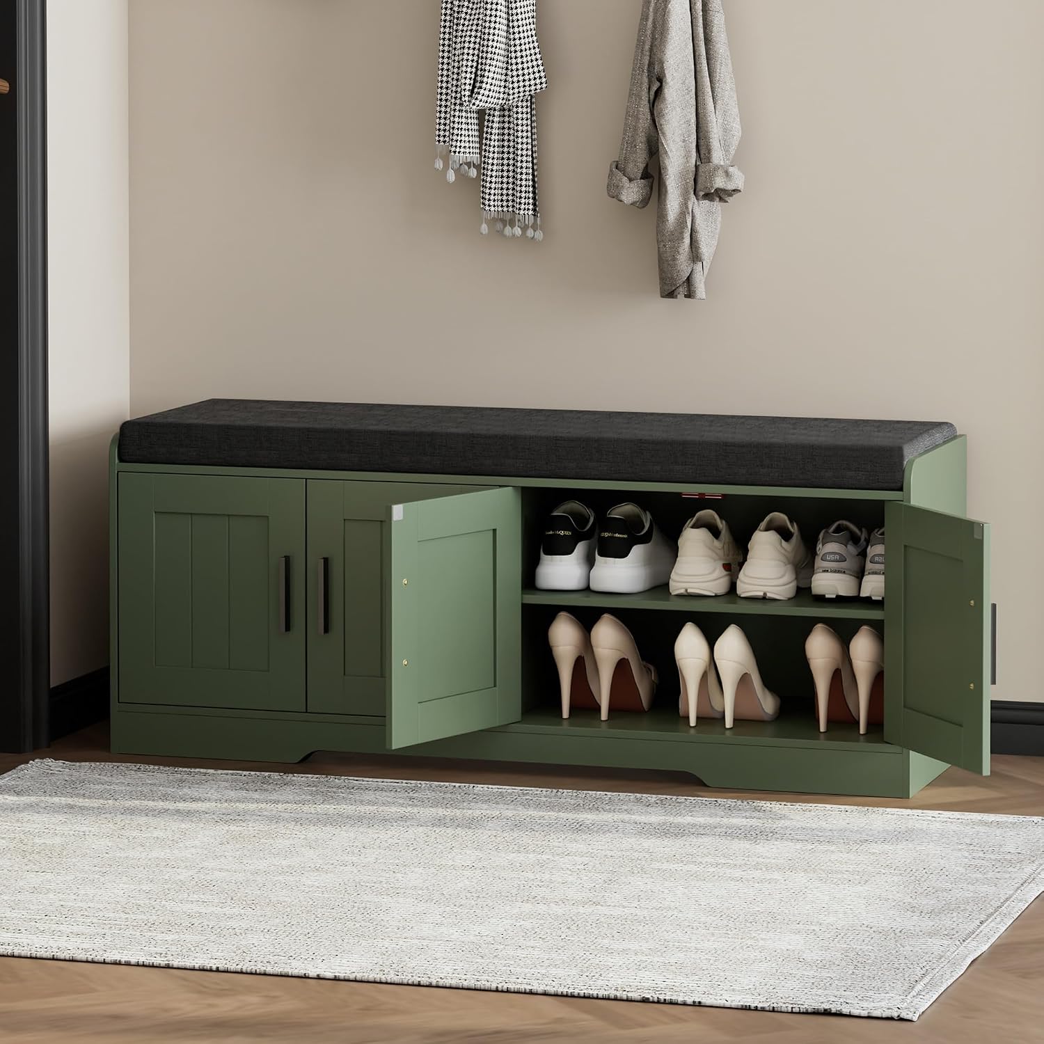 Padded Shoe Storage Bench with 4 Doors