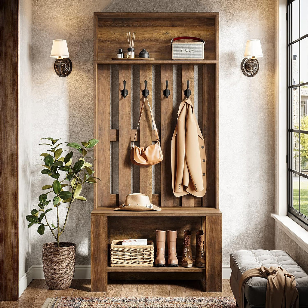 Wooden Farmhouse Hall Tree Bench