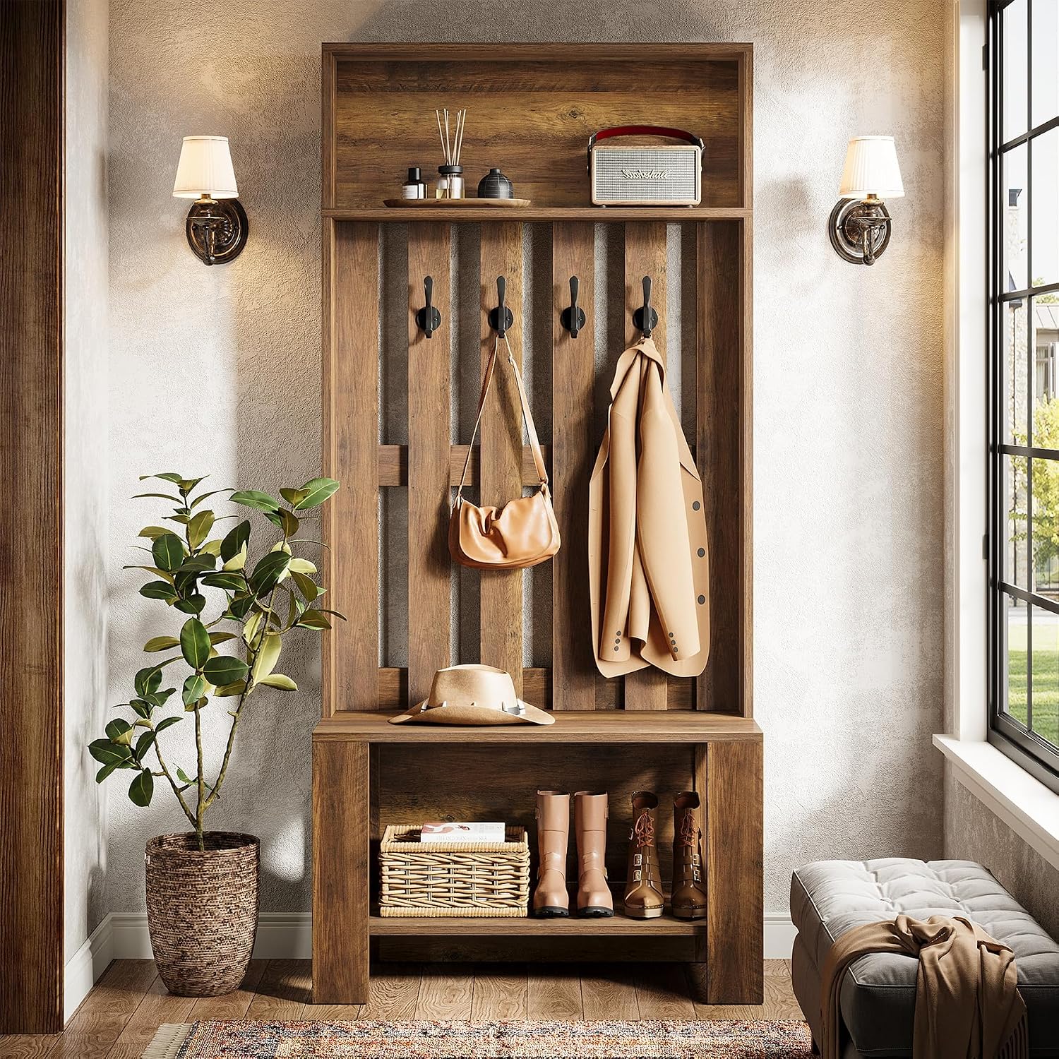 Wooden Farmhouse Hall Tree Bench
