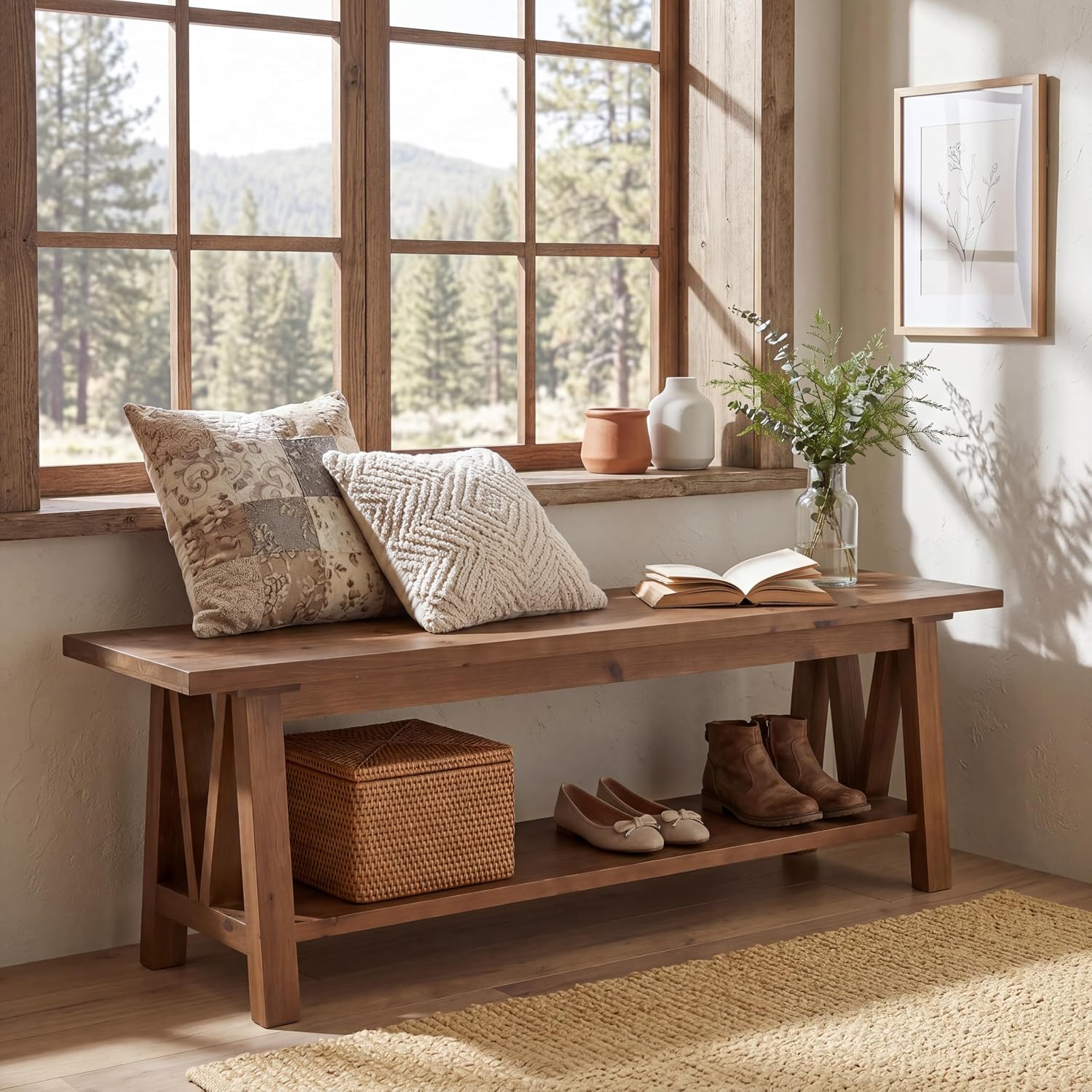 Solid Wood Farmhouse Shoe Bench