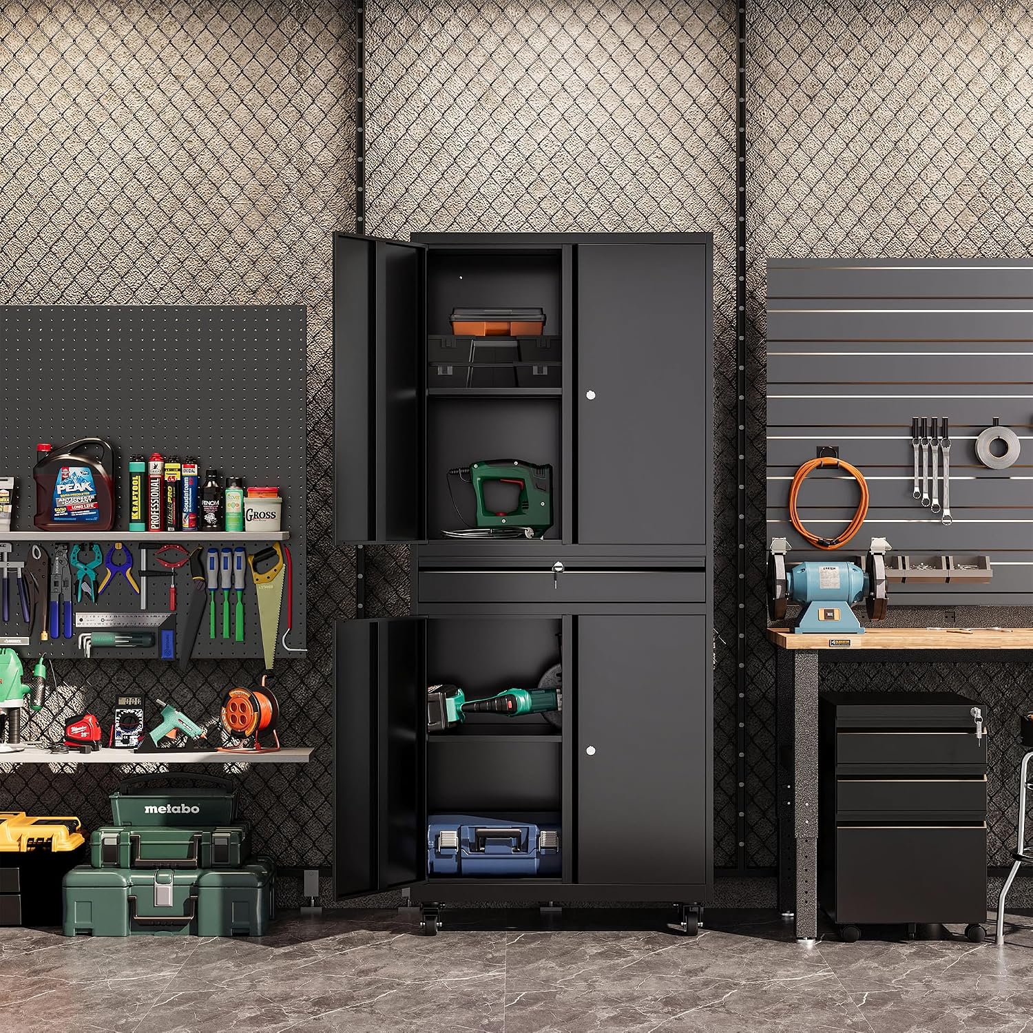Black Wheeled Lockable Metal Cabinet